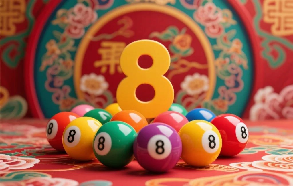 一组色彩鲜明的号码球,背景为中国传统吉祥图案,突出数字“8”